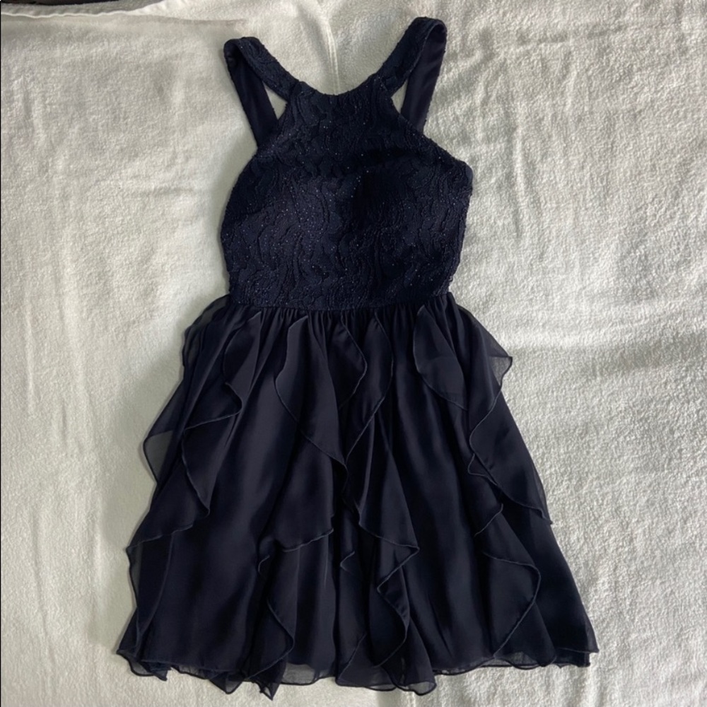 Macy’s Speechless Navy Blue Glitter Flowy Formal Dress